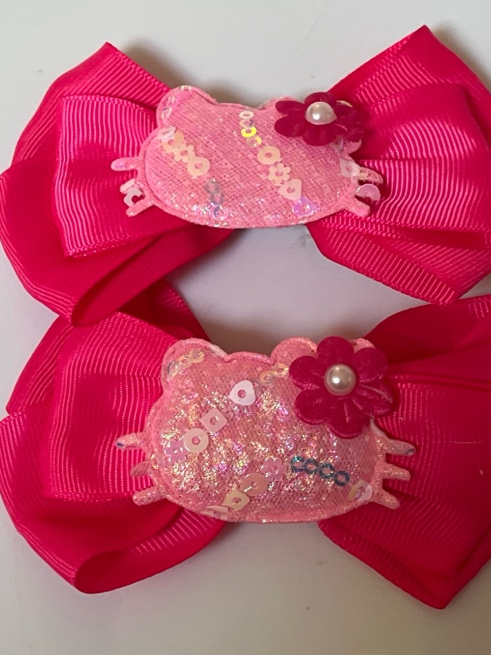 Girls Hot Pink Sparkle Bow Hair Clips with Pearl Accent